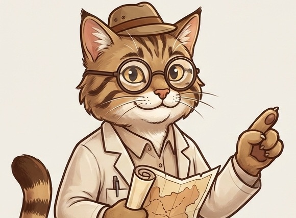 EifelHeld — Maskottchen: Katze mit Hut, Brille und Wanderkarte